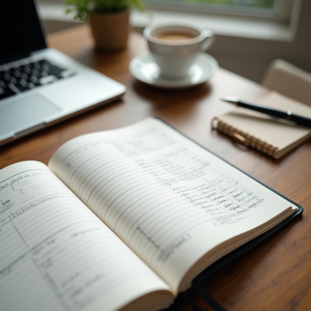 Quaderno con appunti e template stampati del programma su una scrivania accanto a una tazza di caffè